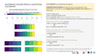 Ch
Ch
Ch
Ch
Ch
Ch
Ch
DT
import numpy as np
import matplotlib.pyplot as plt
from matplotlib import cm #matplotlib.colors module
from matplotlib.colors import ListedColormap, LinearSegmentedColormap
#Get 8 colours from viridis colormap
viridis = cm.get_cmap('viridis', 8)
OR
plt.cm.viridis(np.linspace(0, 1, 8))
# Get first 4# colors (0th – 3rd index) from the colormaps
# Using range function to get colour from particular indices
viridis(range(4))
OR
viridis(np.linspace(0, 0.5, 4))
# Get 4# colors (4th-7th index) from the colormaps
viridis(range(4,8))
OR
viridis(np.linspace(0.5, 1, 4))
plt.cm.viridis(np.linspace(start = 0, stop = 1, num = 8 ))
0 1
ACCESSING COLORS FROM A MATPLOTLIB
COLORMAP
COLORMAP is a 1D Array of colours.
matplotlib.colors module provides functions and classes for color
specification conversions, and mapping data/numbers onto colours on a
colormap.
0.14 0.56
0.42
0.28 0.70 0.85
0.00 1
*Colormap instances are used to convert data values (floats) from the interval [0, 1] to
the RGBA color that the respective Colormap represents. For scaling of data into
the [0, 1] interval see matplotlib.colors.Normalize.
152
 