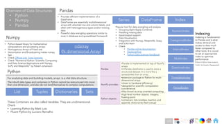 Ch
Ch
Ch
Ch
Ch
Ch
Ch
DT
These Containers are also called iterables. They are unidimensional.
Check
• Learning Python by Mark Lutz
• Fluent Python by Luciano Ramalho
• Python-based library for mathematical
computations and processing arrays.
• Homogenous Arrays of Fixed size.
• Vectorization and Broadcasting makes numpy
fast.
• Check Official Link, Scipy Lectures
• Check “Numerical Python: Scientific Computing
and Data Science Applications with Numpy,
SciPy and Matplotlib” by Robert Johansson
ndarray
(N dimensional Array)
List Tuples Dictionaries Sets
Series DataFrame Index
Indexing
Indexing is fundamental
to Pandas and is what
makes retrieval and
access to data much
faster compared to
other tools. It is crucial
to set an appropriate
index to optimize
performance
(Check A Python Data Analyst’s
Toolkit by Gayathri Rajagopalan)
NumericIndex
CategoricalIndex
IntervalIndex
The inbuilt data types and containers in Python cannot be restructured into more
than one dimension, and also do not lend themselves to complex computations.
For analyzing data and building models, arrays is a vital data structure.
MultiIndex
DatetimeIndex
TimedeltaIndex
PeriodIndex
Python
Numpy
Pandas
• Provides efficient implementation of a
DataFrame.
• DataFrames are essentially multidimensional
arrays with attached row and column labels, and
often with heterogeneous types and/or missing
data
• Powerful data wrangling operations similar to
ones in database and spreadsheet framework
Popular tool for data wrangling and analysis
• Grouping (Split-Apply-Combine)
• Handling missing data
• Input/output support
• Data Visualisation
• Integration with Numpy, Matplotlib, Scipy,
and Scikit-learn
• Check
• Pandas online documention
• Stackoverflow
• Python Data Science Handbook
Overview of Data Structures
• Python
• Numpy
• Pandas
Pandas
•Pandas is implemented on top of NumPy
arrays.
•A Pandas dataframe is used to store a
structured dataset. It is more like a
spreadsheet than an array..
NumPy provides:
•extension package to Python for multi-
dimensional arrays
•closer to hardware (efficiency)
•designed for scientific computation
(convenience)
•Also known as array oriented computing
Python objects:
•high-level number objects: integers,
floating point
•containers: lists (costless insertion and
append), dictionaries (fast lookup)
173
 