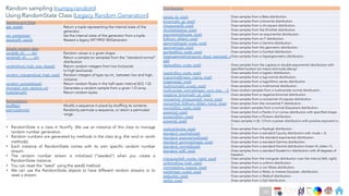Ch
Ch
Ch
Ch
Ch
Ch
Ch
DT
Seeding and State
get_state() Return a tuple representing the internal state of the
generator.
set_state(state) Set the internal state of the generator from a tuple.
seed(self[, seed]) Reseed a legacy MT19937 BitGenerator
Simple random data
rand(d0, d1, …, dn) Random values in a given shape.
randn(d0, d1, …, dn) Return a sample (or samples) from the “standard normal”
distribution.
randint(low[, high, size, dtype]) Return random integers from low (inclusive)
to high (exclusive).
random_integers(low[, high, size]) Random integers of type np.int_ between low and high,
inclusive.
random_sample([size]) Return random floats in the half-open interval [0.0, 1.0).
choice(a[, size, replace, p]) Generates a random sample from a given 1-D array
bytes(length) Return random bytes.
Permutations
shuffle(x) Modify a sequence in-place by shuffling its contents.
permutation(x) Randomly permute a sequence, or return a permuted
range.
Distributions
beta(a, b[, size]) Draw samples from a Beta distribution.
binomial(n, p[, size]) Draw samples from a binomial distribution.
chisquare(df[, size]) Draw samples from a chi-square distribution.
dirichlet(alpha[, size]) Draw samples from the Dirichlet distribution.
exponential([scale, size]) Draw samples from an exponential distribution.
f(dfnum, dfden[, size]) Draw samples from an F distribution.
gamma(shape[, scale, size]) Draw samples from a Gamma distribution.
geometric(p[, size]) Draw samples from the geometric distribution.
gumbel([loc, scale, size]) Draw samples from a Gumbel distribution.
hypergeometric(ngood, nbad, nsample[, s
ize])
Draw samples from a Hypergeometric distribution.
laplace([loc, scale, size]) Draw samples from the Laplace or double exponential distribution with
specified location (or mean) and scale (decay).
logistic([loc, scale, size]) Draw samples from a logistic distribution.
lognormal([mean, sigma, size]) Draw samples from a log-normal distribution.
logseries(p[, size]) Draw samples from a logarithmic series distribution.
multinomial(n, pvals[, size]) Draw samples from a multinomial distribution.
multivariate_normal(mean, cov[, size, …]) Draw random samples from a multivariate normal distribution.
negative_binomial(n, p[, size]) Draw samples from a negative binomial distribution.
noncentral_chisquare(df, nonc[, size]) Draw samples from a noncentral chi-square distribution.
noncentral_f(dfnum, dfden, nonc[, size]) Draw samples from the noncentral F distribution.
normal([loc, scale, size]) Draw random samples from a normal (Gaussian) distribution.
pareto(a[, size]) Draw samples from a Pareto II or Lomax distribution with specified shape.
poisson([lam, size]) Draw samples from a Poisson distribution.
power(a[, size]) Draws samples in [0, 1] from a power distribution with positive exponent a -
1.
rayleigh([scale, size]) Draw samples from a Rayleigh distribution.
standard_cauchy([size]) Draw samples from a standard Cauchy distribution with mode = 0.
standard_exponential([size]) Draw samples from the standard exponential distribution.
standard_gamma(shape[, size]) Draw samples from a standard Gamma distribution.
standard_normal([size]) Draw samples from a standard Normal distribution (mean=0, stdev=1).
standard_t(df[, size]) Draw samples from a standard Student’s t distribution with df degrees of
freedom.
triangular(left, mode, right[, size]) Draw samples from the triangular distribution over the interval [left, right].
uniform([low, high, size]) Draw samples from a uniform distribution.
vonmises(mu, kappa[, size]) Draw samples from a von Mises distribution.
wald(mean, scale[, size]) Draw samples from a Wald, or inverse Gaussian, distribution.
weibull(a[, size]) Draw samples from a Weibull distribution.
zipf(a[, size]) Draw samples from a Zipf distribution.
Random sampling (numpy.random)
Using RandomState Class (Legacy Random Generation)
• RandomState is a class in NumPy. We use an instance of this class to manage
random number generation.
• Random numbers are generated by methods in the class (e.g. the rand or randn
methods).
• Each instance of RandomState comes with its own specific random number
stream.
• The random number stream is initialized (“seeded”) when you create a
RandomState instance.
• You can reset the “seed” using the seed() method.
• We can use the RandomState objects to have different random streams or to
reset a stream.
181
 