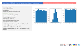 Ch
Ch
Ch
Ch
Ch
Ch
Ch
DT
import numpy as np
import matplotlib.pyplot
plt.rcdefaults()
fig, axes = plt.subplots(1, 3, figsize=(12, 4))
#Instantiating a generator
rng = np.random.default_rng(12345)
axes[0].hist(rng.random(10000))
axes[0].set_title("random")
axes[1].hist(rng.standard_normal(10000))
axes[1].set_title("standard_normal")
axes[2].hist(rng.integers(low=1, high=10, size=10000), bins=9,
align='left')
axes[2].set_title("integers(low=1, high=10)")
fig.savefig('GeneratorObject.png', dpi = 300, transparent = True)
plt.show()
np.random.default_rng to generate random numbers Avoid np.random functions and instead use default_rng
183
 