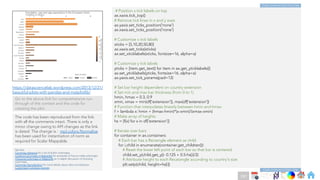 Ch
Ch
Ch
Ch
Ch
Ch
Ch
DT
# Position x tick labels on top
ax.xaxis.tick_top()
# Remove tick lines in x and y axes
ax.yaxis.set_ticks_position('none')
ax.xaxis.set_ticks_position('none')
# Customize x tick labels
xticks = [5,10,20,50,80]
ax.xaxis.set_ticks(xticks)
ax.set_xticklabels(xticks, fontsize=16, alpha=a)
# Customize y tick labels
yticks = [item.get_text() for item in ax.get_yticklabels()]
ax.set_yticklabels(yticks, fontsize=16, alpha=a)
ax.yaxis.set_tick_params(pad=12)
# Set bar height dependent on country extension
# Set min and max bar thickness (from 0 to 1)
hmin, hmax = 0.3, 0.9
xmin, xmax = min(df['extension']), max(df['extension'])
# Function that interpolates linearly between hmin and hmax
f = lambda x: hmin + (hmax-hmin)*(x-xmin)/(xmax-xmin)
# Make array of heights
hs = [f(x) for x in df['extension']]
# Iterate over bars
for container in ax.containers:
# Each bar has a Rectangle element as child
for i,child in enumerate(container.get_children()):
# Reset the lower left point of each bar so that bar is centered
child.set_y(child.get_y()- 0.125 + 0.5-hs[i]/2)
# Attribute height to each Recatangle according to country's size
plt.setp(child, height=hs[i])
Code continues to Next slide
Code continues from Prev slide
https://datasciencelab.wordpress.com/2013/12/21/
beautiful-plots-with-pandas-and-matplotlib/
Go to the above link for comprehensive run-
through of the context and the code for
creating the plot.
The code has been reproduced from the link
with all the comments intact. There is only a
minor change owing to API changes as the link
is dated. The change is : mpl.colors.Normalize
has been used for instantiation of norm as
required for Scalar Mappable.
See also
Colormap reference for a list of builtin colormaps.
Creating Colormaps in Matplotlib for examples of how to make colormaps.
Choosing Colormaps in Matplotlib an in-depth discussion of choosing
colormaps.
Colormap Normalization for more details about data normalization.
Customized Colorbars tutorials
291
 
