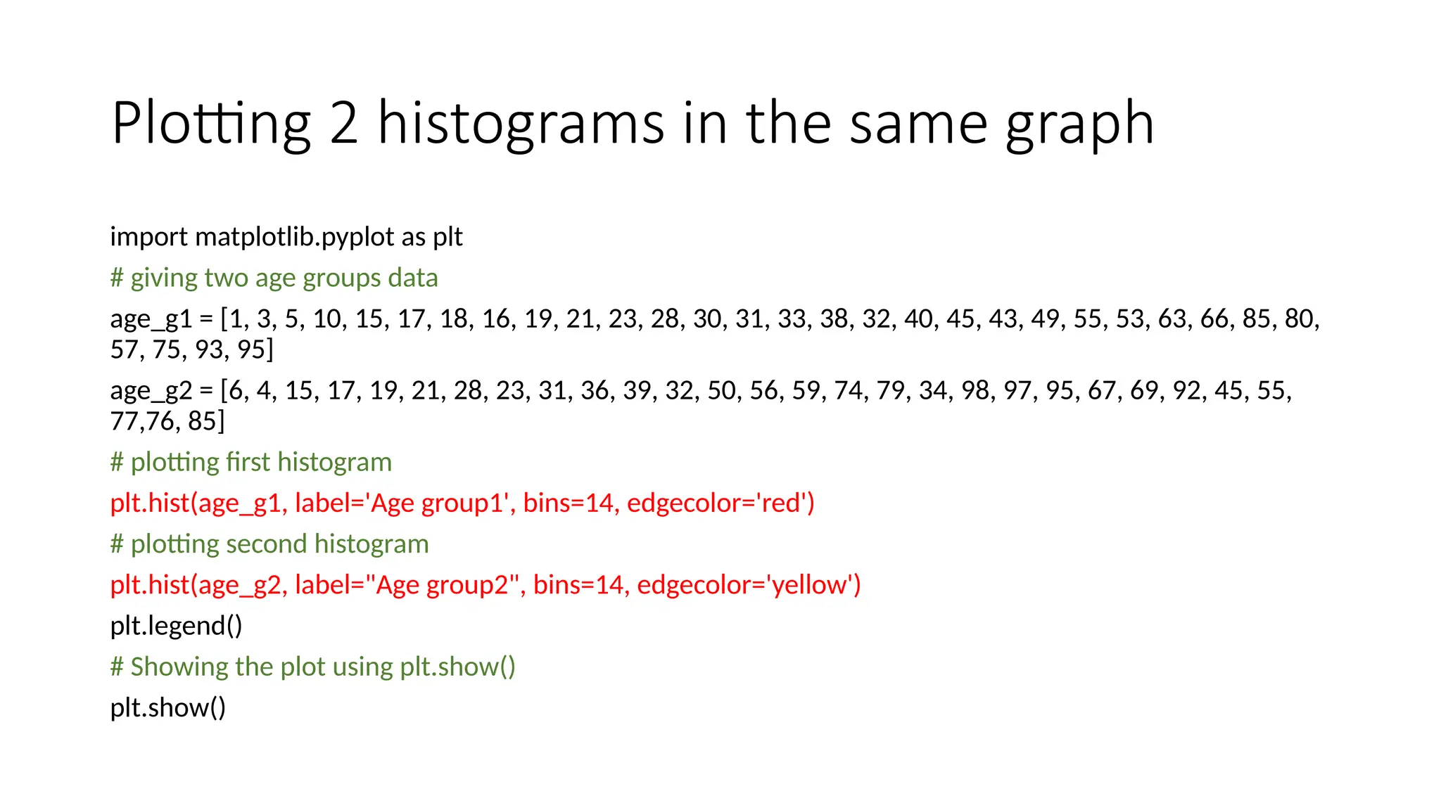 Plotting 2 histograms in the same graph
import matplotlib.pyplot as plt
# giving two age groups data
age_g1 = [1, 3, 5, 10, 15, 17, 18, 16, 19, 21, 23, 28, 30, 31, 33, 38, 32, 40, 45, 43, 49, 55, 53, 63, 66, 85, 80,
57, 75, 93, 95]
age_g2 = [6, 4, 15, 17, 19, 21, 28, 23, 31, 36, 39, 32, 50, 56, 59, 74, 79, 34, 98, 97, 95, 67, 69, 92, 45, 55,
77,76, 85]
# plotting first histogram
plt.hist(age_g1, label='Age group1', bins=14, edgecolor='red')
# plotting second histogram
plt.hist(age_g2, label="Age group2", bins=14, edgecolor='yellow')
plt.legend()
# Showing the plot using plt.show()
plt.show()
 