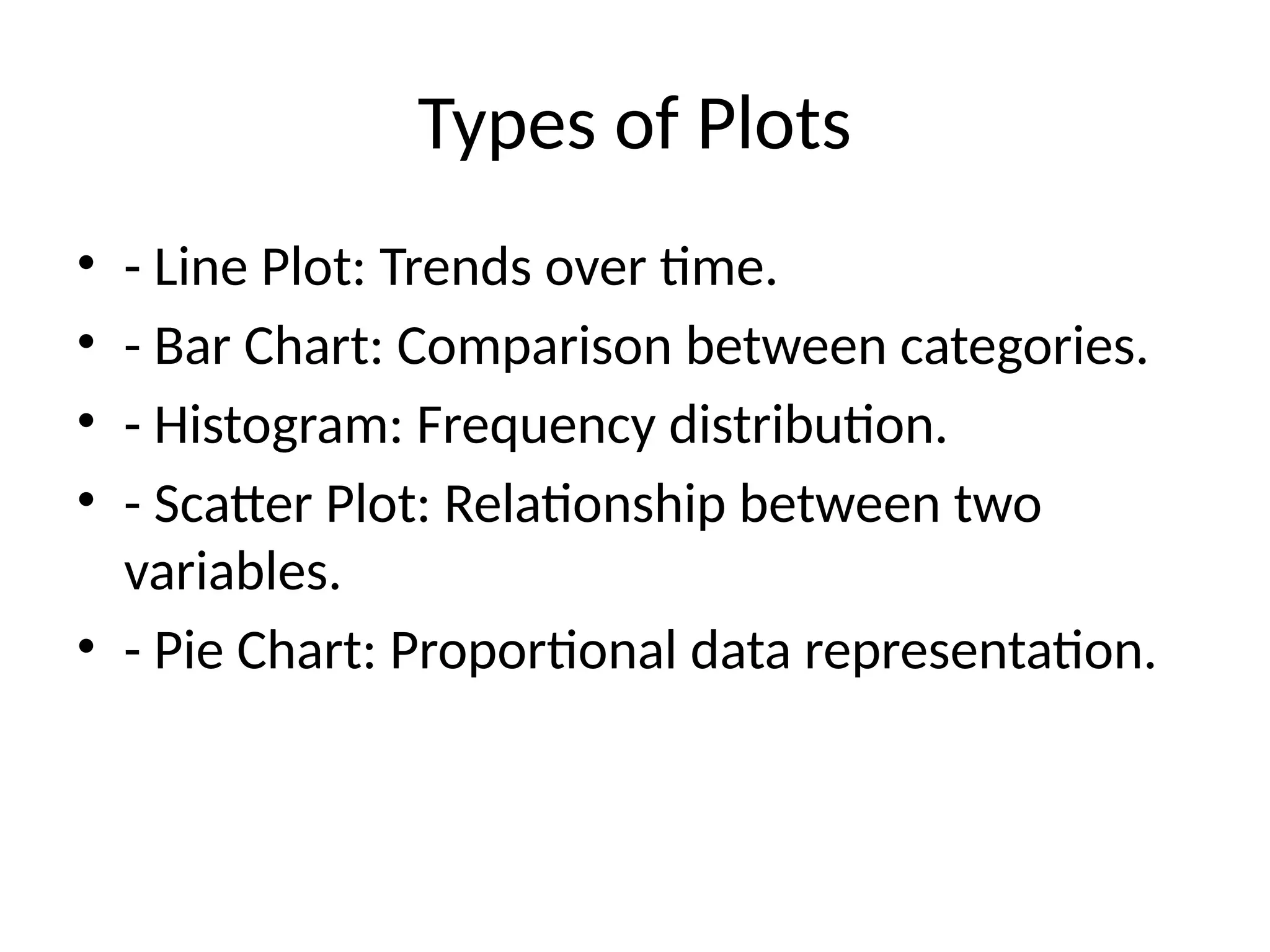 Types of Plots
&bull; - Line Plot: Trends over time.
&bull; - Bar Chart: Comparison between categories.
&bull; - Histogram: Frequency distribution.
&bull; - Scatter Plot: Relationship between two
variables.
&bull; - Pie Chart: Proportional data representation.
 