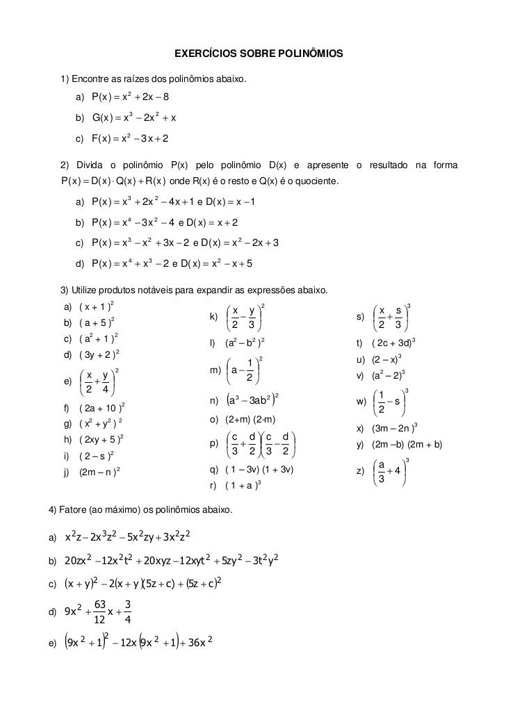 Monômios E Polinômios Exercícios 8o Ano