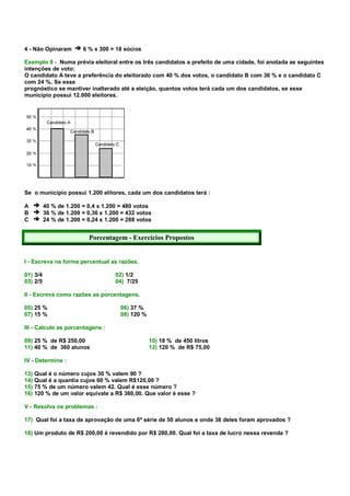 4 - Não Opinaram        6 % x 300 = 18 sócios

Exemplo 8 - Numa prévia eleitoral entre os três candidatos a prefeito de uma cidade, foi anotada as seguintes
intenções de voto:
O candidato A teve a preferência do eleitorado com 40 % dos votos, o candidato B com 36 % e o candidato C
com 24 %. Se esse
prognóstico se mantiver inalterado até a eleição, quantos votos terá cada um dos candidatos, se esse
município possui 12.000 eleitores.




Se o município possui 1.200 elitores, cada um dos candidatos terá :

A         40 % de 1.200 = 0,4 x 1.200 = 480 votos
B         36 % de 1.200 = 0,36 x 1.200 = 432 votos
C         24 % de 1.200 = 0,24 x 1.200 = 288 votos


                          Porcentagem - Exercícios Propostos


I - Escreva na forma percentual as razões.

01) 3/4                             02) 1/2
03) 2/5                             04) 7/25

II - Escreva como razões as porcentagens.

05) 25 %                              06) 37 %
07) 15 %                              08) 120 %

III - Calcule as porcentagens :

09) 25 % de R$ 250,00                             10) 18 % de 450 litros
11) 40 % de 360 alunos                            12) 120 % de R$ 75,00

IV - Determine :

13) Qual é o número cujos 30 % valem 90 ?
14) Qual é a quantia cujos 60 % valem R$120,00 ?
15) 75 % de um número valem 42. Qual é esse número ?
16) 120 % de um valor equivale a R$ 360,00. Que valor é esse ?

V - Resolva os problemas :

17) Qual foi a taxa de aprovação de uma 6ª série de 50 alunos e onde 38 deles foram aprovados ?

18) Um produto de R$ 200,00 é revendido por R$ 280,00. Qual foi a taxa de lucro nessa revenda ?
 