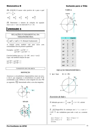 Matemática B                                                                                         Inclusão para a Vida

14. (UM-SP) O menor valor positivo de x para o qual                                              TABELA
             1
9- cos x =     é:
             3
                                                    2
 a)           b)         c)         d)         e)
      6            4          3          2           3

15. Determinar o número de soluções da equação
2sen x cos x = sen x no intervalo 0          x<2 .

  UNIDADE 6

          RELAÇÕES FUNDAMENTAL DA
               TRIGONOMETRIA

      sen2     + cos2     = 1 (Relação Fundamental)

A relação acima também vale para                         arcos   com
extremidades fora do primeiro quadrante.

Exemplos: sen230° + cos230° = 1
          sen2130° + cos2130° = 1

Convém lembrar que se + = 90°, sen                  = cos .
Logo, vale também relações do tipo:

sen2 50° + sen2 40° = 1
sen 210° + sen2 80° = 1


                       TANGENTE DE UM ARCO
                                                                                      EQUAÇÃO TRIGONOMÉTRICA
                              DEFINIÇÃO
                                                                             tg x = tg a     x   a    2k
Associa-se a circunferência trigonométrica mais um eixo,
a reta t, que tangencia a circunferência no ponto P de
coordenadas (1,0). Define-se como tangente do arco PM
ao segmento PQ determinado sobre o eixo das tangentes.




                                                                       Exercícios de Sala

                                  SINAIS                                                         2
                                                                       1. Sabendo que sen x =      e que          x        , calcule
                                                                                                 3       2
                                                                             cos x:

                                                                       2. (FCChagas-BA) As sentenças sen x = a e cos x =
                                                                       2 a 1 são verdadeiras para todo x real, se e somente
                                                                       se:

                                                                         a) a = 5 ou a = 1           b) a = -5 ou a = -1
                                                                         c) a = 5 ou a = 1           d) a = 1
                                                                         e) n.d.a.

Pré-Vestibular da UFSC                                                                                                                 10
 