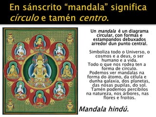 Un mandala é un diagrama 
circular, con formas e 
estampandos debuxados 
arredor dun punto central. 
Simboliza todo o Universo, o 
cosmos e a deus, o ser 
humano e a vida. 
Todo o que nos rodea ten a 
forma de círculo. 
Podemos ver mandalas na 
forma do átomo, da célula e 
dunha galaxia, dos planetas, 
das nosas pupilas, do sol. 
Tamén podemos percibilos 
na natureza, nos árbores, nas 
flores e froitos. 
 