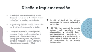 Diseño e implementación
 El diseño de los PIAR lo liderarán el o los
docentes de aula con el docente de apoyo
pedagógico, la familia y el estudiante.
 Según la organización escolar, participarán
los directivos docentes y el orientador.
 Se deberá elaborar durante el primer
trimestre del año escolar, se actualizará
anualmente y facilitará la entrega
pedagógica entre grados (Seguimiento
periódico de acuerdo con los Estándares
básicos de competencias y DBA)
 Incluirá el total de los ajustes
razonables de manera individual y
progresiva.
 El PIAR, hará parte de la historia
escolar del estudiante con
discapacidad, y permitirá hacer
acompañamiento sistemático e
individualizado a la escolarización y
potencializar el uso de los recursos y
el compromiso de los actores
involucrados.
Diseño e implementación
 