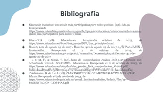 Bibliografía
● Educación inclusiva: una visión más participativa para niños y niñas. (s/f). Edu.co.
Recuperado de
https://www.colombiaaprende.edu.co/agenda/tips-y-orientaciones/educacion-inclusiva-una-
vision-mas-participativa-para-ninos-y-ninas
● EducaDUA. (s/f). Educadua.es. Recuperado octubre de 2023, de
https://www.educadua.es/html/dua/pautasDUA/dua_principios.html
● Decreto 1421 de agosto 29 de 2017 - Decreto 1421 de agosto 29 de 2017. (s/f). Portal MEN -
Presentación. Recuperado el 2 de octubre de 2023, de
https://www.mineducacion.gov.co/portal/normativa/Decretos/381928:Decreto-1421-de-
agosto-29-de-2017
● I. P. M. F., & Notas, T. (s/f). Lista de comprobación Pautas DUA-CAST-Versión 2.0-
Actualizada V-2018. EDUCADUA. Educadua.es. Recuperado el 2 de octubre de 2023, de
https://www.educadua.es/doc/dua/dua_pautas_lista_comprobacion_V-2018.pdf?
fbclid=IwAR3nvfCwfyZktve9Cq-2TjYTJNm5WOKgyhF5VVcqKhdYHR_ba4IkbuqnCkg
● Poblaciones, D. de I. e. I. (s/f). PLAN INDIVIDUAL DE AJUSTES RAZONABLES - PIAR.
Edu.co. Recuperado el 2 de octubre de 2023, de
https://www.educacionbogota.edu.co/portal_institucional/sites/default/files/11---
PRESENTACION--LOS-PIAR.pdf
 
