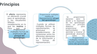 Principios
El afecto representa
un elemento crucial
para el aprendizaje,
y los estudiantes
difieren
notablemente en lo
que les motiva o
hace que se
impliquen en el
aprendizaje.
Proporcionar
múltiples formas de
Implicación (el
porqué del
aprendizaje).
Cuando se utilizan
múltiples formas de
representación, se
promueve el
establecimiento de
conexiones entre los
diferentes elementos
de la información y
sus formas de
representación)
Proporcionar múltiples
medios de
Representación (el qué
del aprendizaje)
Se proporcionen
opciones para la
acción y la expresión
de los aprendizajes
como un principio
didáctico para
proporcionar
oportunidades de
aprender y mostrar el
aprendizaje alcanzado
a todos los
estudiantes.
Proporcionar
múltiples medios de
Acción y Expresión (el
cómo del aprendizaje)
 