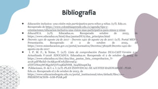 Bibliografía
● Educación inclusiva: una visión más participativa para niños y niñas. (s/f). Edu.co.
Recuperado de https://www.colombiaaprende.edu.co/agenda/tips-y-
orientaciones/educacion-inclusiva-una-vision-mas-participativa-para-ninos-y-ninas
● EducaDUA. (s/f). Educadua.es. Recuperado octubre de 2023, de
https://www.educadua.es/html/dua/pautasDUA/dua_principios.html
● Decreto 1421 de agosto 29 de 2017 - Decreto 1421 de agosto 29 de 2017. (s/f). Portal MEN -
Presentación. Recuperado el 2 de octubre de 2023, de
https://www.mineducacion.gov.co/portal/normativa/Decretos/381928:Decreto-1421-de-
agosto-29-de-2017
● I. P. M. F., & Notas, T. (s/f). Lista de comprobación Pautas DUA-CAST-Versión 2.0-
Actualizada V-2018. EDUCADUA. Educadua.es. Recuperado el 2 de octubre de 2023, de
https://www.educadua.es/doc/dua/dua_pautas_lista_comprobacion_V-
2018.pdf?fbclid=IwAR3nvfCwfyZktve9Cq-
2TjYTJNm5WOKgyhF5VVcqKhdYHR_ba4IkbuqnCkg
● Poblaciones, D. de I. e. I. (s/f). PLAN INDIVIDUAL DE AJUSTES RAZONABLES - PIAR.
Edu.co. Recuperado el 2 de octubre de 2023, de
https://www.educacionbogota.edu.co/portal_institucional/sites/default/files/11---
PRESENTACION--LOS-PIAR.pdf
 
