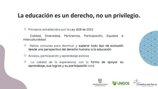 La educación es un derecho, no un privilegio.
 Principios establecidos por la Ley 1618 de 2013:
Calidad, Diversidad, Pertinencia, Participación, Equidad e
Interculturalidad
 Metas comunes para disminuir y superar todo tipo de exclusión
desde una perspectiva del derecho humano a la educación
 Acceso, participación y aprendizaje exitoso
 La calidad de la experiencia; con la forma de apoyar su
aprendizaje, sus logros y su participación total
 