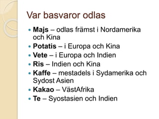 Var basvaror odlas
 Majs – odlas främst i Nordamerika
och Kina
 Potatis – i Europa och Kina
 Vete – i Europa och Indien
 Ris – Indien och Kina
 Kaffe – mestadels i Sydamerika och
Sydost Asien
 Kakao – VästAfrika
 Te – Syostasien och Indien
 