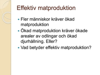 Effektiv matproduktion
 Fler människor kräver ökad
matproduktion
 Ökad matproduktion kräver ökade
arealer av odlingar och ökad
djurhållning. Eller?
 Vad betyder effektiv matproduktion?
 