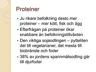 Proteiner
 Ju rikare befolkning desto mer
proteiner – mer kött, fisk och ägg
 Efterfrågan på proteiner ökar
snabbare än befolkningstillväxten
 Den viktiga sojaodlingen – pytteliten
del till vegetarianer, det mesta till
biobränsle och foder
 38% av jordens spannmålsodling går
till djurfoder
 