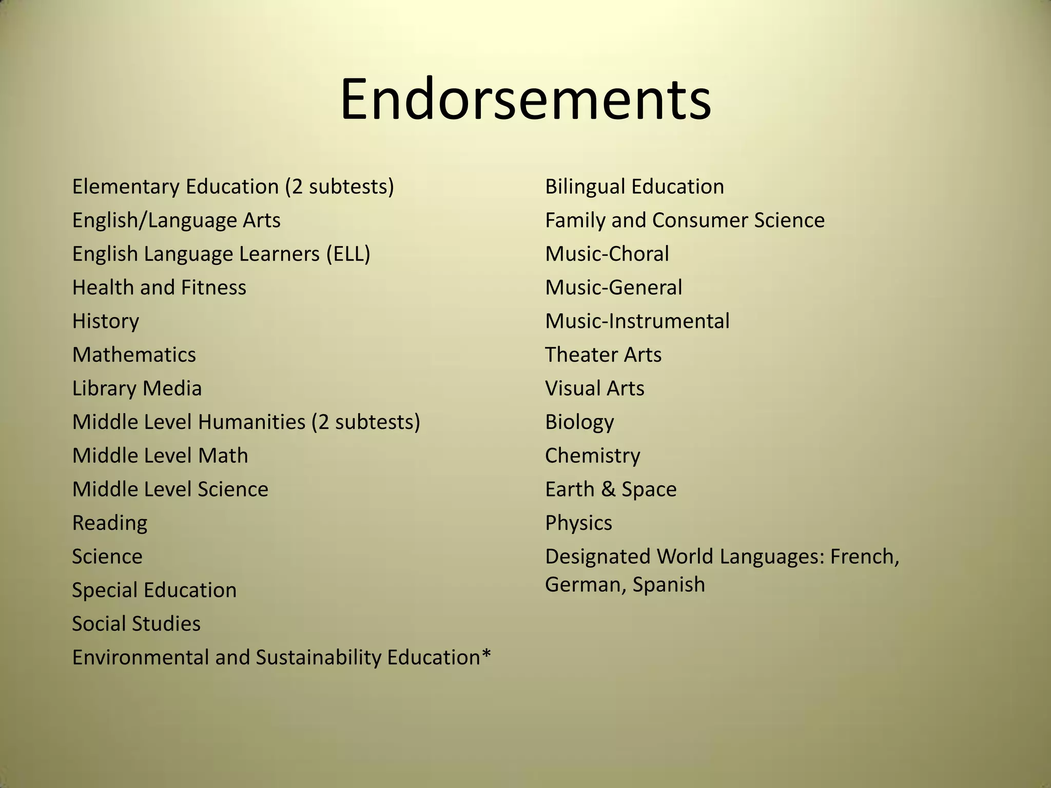 Endorsements
Elementary Education (2 subtests)
English/Language Arts
English Language Learners (ELL)
Health and Fitness
History
Mathematics
Library Media
Middle Level Humanities (2 subtests)
Middle Level Math
Middle Level Science
Reading
Science
Special Education
Social Studies
Environmental and Sustainability Education*
Bilingual Education
Family and Consumer Science
Music-Choral
Music-General
Music-Instrumental
Theater Arts
Visual Arts
Biology
Chemistry
Earth & Space
Physics
Designated World Languages: French,
German, Spanish
 