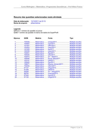 Curso Wellington – Matemática –Progressões Geométricas – Prof Hilton Franco




Resumo das questões selecionadas nesta atividade

Data de elaboração:          13/10/2011 às 23:10
Nome do arquivo:             pGeometrica


Legenda:
Q/Prova = número da questão na prova
Q/DB = número da questão no banco de dados do SuperPro®


Q/prova          Q/DB                Matéria               Fonte                                Tipo

 1..................100548.............Matemática.........Unesp/2011............................Múltipla escolha
 2..................104567.............Matemática.........Upe/2011................................Múltipla escolha
 3..................101507.............Matemática.........Uftm/2011...............................Múltipla escolha
 4..................105303.............Matemática.........Uesc/2011...............................Múltipla escolha
 5..................101529.............Matemática.........Ita/2011...................................Múltipla escolha
 6..................105339.............Matemática.........Uesc/2011...............................Múltipla escolha
 7..................102041.............Matemática.........Ifsp/2011.................................Múltipla escolha
 8..................105420.............Matemática.........Ufrs/2011................................Múltipla escolha
 9..................102815.............Matemática.........G1 - ifal/2011..........................Múltipla escolha
 10................106448.............Matemática.........Epcar (Afa)/2011.....................Múltipla escolha
 11................103191.............Matemática.........Uel/2011.................................Múltipla escolha
 12................100045.............Matemática.........Fgv/2011.................................Múltipla escolha
 13................106671.............Matemática.........Espcex (Aman)/2011..............Múltipla escolha
 14................104245.............Matemática.........Ufsm/2011..............................Múltipla escolha
 15................91127...............Matemática.........Ufrgs/2010..............................Múltipla escolha
 16................91299...............Matemática.........Uff/2010..................................Múltipla escolha
 17................93026...............Matemática.........G1 - cftmg/2010......................Múltipla escolha
 18................96745...............Matemática.........Unemat/2010..........................Múltipla escolha
 19................97344...............Matemática.........Uerj/2010................................Múltipla escolha
 20................91126...............Matemática.........Ufrgs/2010..............................Múltipla escolha




                                                                                                  Página 12 de 12
 