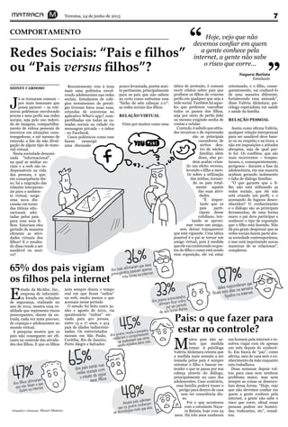 Teresina, 24 de junho de 2013 7
Redes Sociais: “Pais e filhos”
ou “Pais versus filhos”?
COMPORTAMENTO
J
á se tornaram comum –
por mais insensato que
possa parecer – as roti-
neiras polêmicas envolvendo
jovens e seus perfis nas redes
sociais, seja pelo uso indevi-
do de imagens, compartilha-
mento de vídeos pessoais de
terceiros em situações cons-
trangedoras, e até mesmo de
extorsão a fim da não divul-
gação de algum tipo de mate-
rial virtual.
Nesta sociedade denomi-
nada “informacional”,
na qual as mídias so-
ciais e a web são in-
dispensáveis na vida
das pessoas, e que,
em consequência dis-
so, há a migração das
relações interpesso-
ais para o ambien-
te virtual, surge
uma nova dis-
cussão em torno
das táticas edu-
cacionais ado-
tadas pelos pais
para com seus fi-
lhos. Estariam eles
gerindo de maneira
eficiente as ativi-
dades virtuais dos
filhos? E o resulta-
do disso tende a ser
saudável ou noci-
vo?
SIDNEY CARDOSO Recentemente veio à tona
mais uma polêmica envol-
vendo adolescentes nas redes
sociais. Estudantes de colé-
gios teresinenses de prestí-
gio tiveram fotos nuas suas,
oriundas de conversas no
aplicativo What’s app?, com-
partilhadas em todas as ca-
madas sociais na cidade via
mensagem privada – o inbox
- no Facebook.
Casos polêmicos como esse
fazem ressurgir
uma discussão
pouco levantada, porém mui-
to pertinente, principalmente
para os pais que não sabem
ao certo como enfrentar esse
“bicho de sete cabeças 2.0”:
as redes sociais dos filhos.
RELAÇÃO VIRTUAL
Visto por muitos como uma
tática de proteção, é comum
ouvir relatos sobre pais que
proíbem os filhos de criarem
perfis em qualquer que seja a
rede social. Também há aque-
les que preferem vasculhar
todos os passos dos filhos,
seja por meio de perfis fake
ou mesmo exigindo senha de
contas e celular.
Contudo,ésabidoqueatitu-
des invasivas e de repreensão
são as principais
causadoras de
atritos den-
tro do núcleo
familiar, além
disso, elas po-
dem acabar crian-
do um efeito reverso,
levando o filho a men-
tir sobre a utilização
das mídias, tornan-
do os pais total-
mente aquém
das suas ativi-
dades.
“É impor-
tante que os
pais parti-
cipem desse
cotidiano, ten-
tando se aproxi-
mar como um amigo,
sem deixar transparecer
que está vigiando. Uma tática
possível é o pai se tornar um
amigo virtual, pois à medida
queelevaiconhecendoosgos-
tos do filho e como está sendo
essa exposição, ele vai estar
orientando, e o filho, conse-
quentemente, vai conhecê-lo
de uma maneira diferente,
fortalecendo essa amizade”,
disse Valéria Alcântara, psi-
cóloga especialista em saúde
e saúde da família.
RELAÇÃO PESSOAL
Assim como afirma Valéria,
qualquer relação interpessoal
para ser saudável deve base-
ar-se no respeito e na troca, e
não em imposições e atitudes
abruptas, seja de qual par-
te for. Os conflitos, que são
mais recorrentes – tempes-
tuosos, e, consequentemente,
perigosos - durante a fase da
adolescência, em sua maioria
acabam gerando isolamento
e falta de diálogo familiar.
“O que garante que o fi-
lho não está utilizando as
redes sociais, que ele não
está criando um perfil, e o
acessando de lugares desco-
nhecidos? O conhecimento
e o diálogo são as principais
ferramentas, de uma forma
suave o pai deve participar e
conhecer o tipo de exposição
que o filho está fazendo. Não
dá pra gente desprezar que as
redes sociais fazem parte des-
sa sociedade contemporânea,
e isso está imprimindo novas
maneiras de se relacionar”,
completou.
M
uitos pais não sa-
bem que medida
tomar. A psicóloga
Valéria Alcântara orienta que
a medida mais sensata a ser
tomada pelos pais é sempre
orientar o filho e buscar en-
tender o que se passa por sua
cabeça através do diálogo,
principalmente no caso dos
adolescentes. Caso contrário,
essa família poderá trazer o
perigo para dentro de casa
sem ter consciência dis-
so.
Foi o que aconteceu
com a estudante Naya-
ra Batista, hoje com 24
anos. Há três anos conheceu
Pais: o que fazer para
estar no controle?
um homem pela internet e re-
solveu viajar com ele apenas
um mês depois de conhecê-
lo. Em busca de “paz”, como
afirma, saiu de casa sem o co-
nhecimento da mãe enquanto
esta trabalhava.
Duas semanas depois vol-
tou para casa sem nenhum
problema maior, mas nem
sempre as coisas se desenro-
lam dessa forma. “Hoje, vejo
que não devemos confiar em
quem a gente conhece pela
internet, a gente não sabe o
risco que corre, afinal essas
pessoas podem ser homici-
das, traficantes, etc”, ressal-
tou.
Hoje, vejo que não
devemos confiar em quem
a gente conhece pela
internet, a gente não sabe
o risco que corre...
“
”Nayara Batista
Estudante
65% dos pais vigiam
os filhos pela internet
E
studo da McAfee, Inc.,
empresa de informáti-
ca focada em soluções
de segurança, realizado no
ano de 2012, mostra uma re-
alidade que representa riscos
preocupantes, diante da en-
trada, cada vez mais precoce,
de crianças e adolescentes no
mundo virtual.
A pesquisa mostra que os
pais não conseguem ser efi-
cazes no controle das ativida-
des dos filhos. E que os filhos
nem sempre dizem o tempo
real em que ficam “online”
na web, muito menos o que
acessam nesse período
O estudo foi feito entre ju-
nho e agosto de 2012, via
questionário “online” en-
viado para 401 jovens,
entre 13 a 17 anos, e 414
pais de idades indiscrimi-
nadas. Os entrevistados
moram em São Paulo,
Curitiba, Rio de Janeiro,
Porto Alegre e Salvador.
Infográfico e Ilustração: Mozart Menezes
 