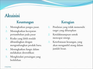 Akuisisi
Keuntungan Kerugian
1. Meningkatkan pangsa pasar.
2. Meningkatkan kecepatan
pertumbuhan pada pasar
3. Risiko yang lebih rendah
dibandingkan dengan
mengembangkan produk baru.
4. Meningkatkan fungsi dalam
melakukan diversifikasi
5. Menghindari persaingan yang
berlebihan
1. Penilaian yang tidak memenuhi
target yang diharapkan
2. Ketidakmampuan untuk
mencapai sinergi.
3. Keterbatasan keuangan, yang
akan mengambil utang dalam
jumlah besar.
7/25/2015
 