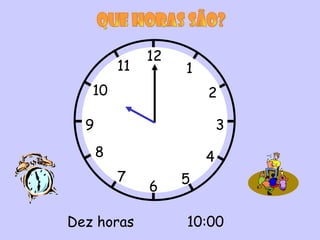 12
          11        1
   10                   2

  9                         3
      8                 4
          7         5
               6

Dez horas           10:00
 