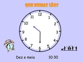 12
           11        1
    10                   2

   9                         3
       8                 4
           7         5
                6

Dez e meia           10:30
 