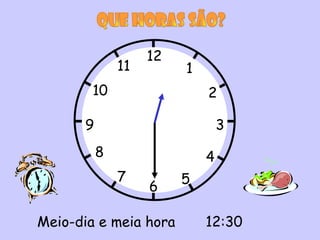 12
              11        1
        10                  2

      9                         3
          8                 4
              7         5
                   6

Meio-dia e meia hora        12:30
 