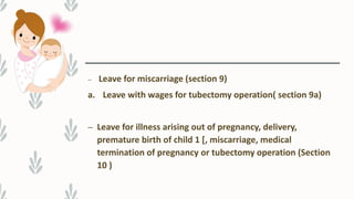 – Leave for miscarriage (section 9)
a. Leave with wages for tubectomy operation( section 9a)
– Leave for illness arising out of pregnancy, delivery,
premature birth of child 1 [, miscarriage, medical
termination of pregnancy or tubectomy operation (Section
10 )
 
