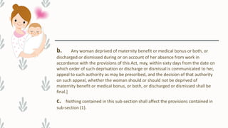 b. Any woman deprived of maternity benefit or medical bonus or both, or
discharged or dismissed during or on account of her absence from work in
accordance with the provisions of this Act, may, within sixty days from the date on
which order of such deprivation or discharge or dismissal is communicated to her,
appeal to such authority as may be prescribed, and the decision of that authority
on such appeal, whether the woman should or should not be deprived of
maternity benefit or medical bonus, or both, or discharged or dismissed shall be
final.]
c. Nothing contained in this sub-section shall affect the provisions contained in
sub-section (1).
 