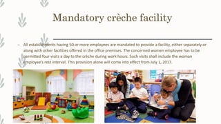Mandatory crèche facility
– All establishments having 50 or more employees are mandated to provide a facility, either separately or
along with other facilities offered in the office premises. The concerned women employee has to be
permitted four visits a day to the crèche during work hours. Such visits shall include the woman
employee’s rest interval. This provision alone will come into effect from July 1, 2017.
 