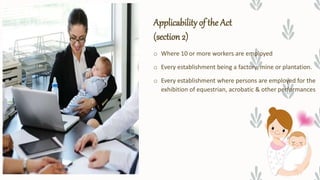 Applicability of the Act
(section 2)
o Where 10 or more workers are employed
o Every establishment being a factory, mine or plantation.
o Every establishment where persons are employed for the
exhibition of equestrian, acrobatic & other performances
 