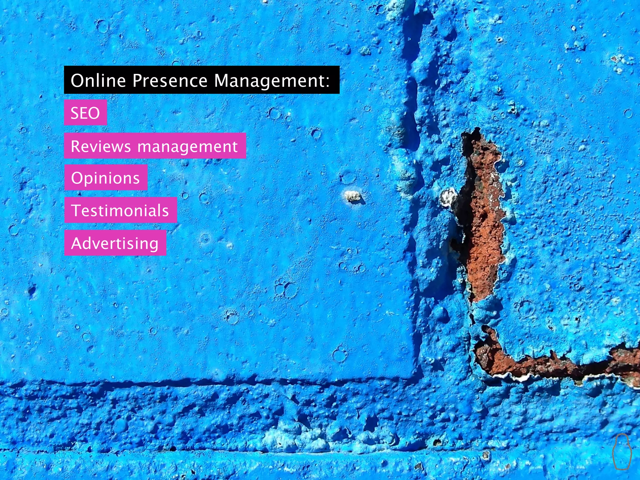 Online Presence Management:
SEO

Reviews management
Opinions

Testimonials

Advertising
 