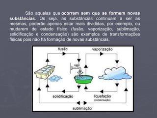 São aquelas que  ocorrem sem que se formem novas substâncias . Os seja, as substâncias continuam a ser as mesmas, poderão apenas estar mais divididas, por exemplo, ou mudarem de estado físico (fusão, vaporização, sublimação, solidificação e condensação) são exemplos de transformações físicas pois não há formação de novas substâncias. 