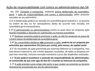 Ação de responsabilidade civil contra os administradores das SA
   Art. 159. Compete à companhia, mediante prévia deliberação da assembléia-
 geral, a ação de responsabilidade civil contra o administrador, pelos prejuízos
 causados ao seu patrimônio.
 § 1º A deliberação poderá ser tomada em assembléia-geral ordinária e, se prevista
 na ordem do dia, ou for conseqüência direta de assunto nela incluído, em
 assembléia-geral extraordinária.
 § 2º O administrador ou administradores contra os quais deva ser proposta ação
 ficarão impedidos e deverão ser substituídos na mesma assembléia.
  § 3º Qualquer acionista poderá promover a ação, se não for proposta no prazo de
 3 (três) meses da deliberação da assembléia-geral.
  § 4º Se a assembléia deliberar não promover a ação, poderá ela ser proposta por
 acionistas que representem 5% (cinco por cento), pelo menos, do capital social.
  § 5° Os resultados da ação promovida por acionista deferem-se à companhia, mas
 esta deverá indenizá-lo, até o limite daqueles resultados, de todas as despesas em
 que tiver incorrido, inclusive correção monetária e juros dos dispêndios realizados.
  § 6° O juiz poderá reconhecer a exclusão da responsabilidade do administrador,
 se convencido de que este agiu de boa-fé e visando ao interesse da companhia.
  § 7º A ação prevista neste artigo não exclui a que couber ao acionista ou terceiro
 diretamente prejudicado por ato de administrador.
 