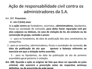 Ação de responsabilidade civil contra os
          administradores da S.A.
Art. 287. Prescreve:
     II - em 3 (três) anos:
    b) a ação contra os fundadores, acionistas, administradores, liquidantes,
   fiscais ou sociedade de comando, para deles haver reparação civil por
   atos culposos ou dolosos, no caso de violação da lei, do estatuto ou da
   convenção de grupo, contado o prazo:
     1 - para os fundadores, da data da publicação dos atos constitutivos da
   companhia;
 2 - para os acionistas, administradores, fiscais e sociedades de comando, da
   data da publicação da ata que            aprovar o balanço referente ao
   exercício em que a violação tenha ocorrido;
      3 - para os liquidantes, da data da publicação da ata da primeira
   assembléia-geral posterior à violação.
Art. 288. Quando a ação se originar de fato que deva ser apurado no juízo
   criminal, não ocorrerá a prescrição antes da respectiva sentença
   definitiva, ou da prescrição da ação penal.
 