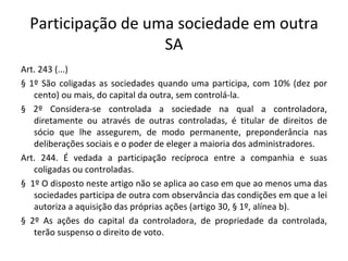 Participação de uma sociedade em outra
                    SA
Art. 243 (...)
§ 1º São coligadas as sociedades quando uma participa, com 10% (dez por
   cento) ou mais, do capital da outra, sem controlá-la.
§ 2º Considera-se controlada a sociedade na qual a controladora,
   diretamente ou através de outras controladas, é titular de direitos de
   sócio que lhe assegurem, de modo permanente, preponderância nas
   deliberações sociais e o poder de eleger a maioria dos administradores.
Art. 244. É vedada a participação recíproca entre a companhia e suas
   coligadas ou controladas.
§ 1º O disposto neste artigo não se aplica ao caso em que ao menos uma das
   sociedades participa de outra com observância das condições em que a lei
   autoriza a aquisição das próprias ações (artigo 30, § 1º, alínea b).
§ 2º As ações do capital da controladora, de propriedade da controlada,
   terão suspenso o direito de voto.
 