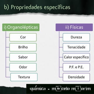 b) Propriedades específicas
i) Organolépticas
Cor
Brilho
Sabor
Odor
Textura
ii) Físicas
Dureza
Tenacidade
Calor específico
P.F. e P.E.
Densidade
quimica - m)celo mIorim´
 