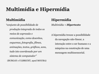 Multimídia e HipermídiaMultimídia“conjunto de possibilidade de produção integrada de todos os meios de expressão e comunicação, como desenhos, esquemas, fotografia, filmes, animações, textos, gráficos, sons, tudo isto coordenado por um sistema de computador”(BURGAY e ULBRICHT, apud MOURA)HipermídiaMultimídia + HipertextoA hipermídia trouxe a possibilidade da navegação não-linear, a interação entre o ser humano e a máquina na construção de uma mensagem multissensorial.