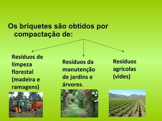 Os briquetes são obtidos por compactação de: Resíduos de limpeza florestal (madeira e ramagens) Resíduos da manutenção de jardins e árvores . Resíduos agrícolas (vides) 