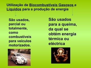 Utilização de  Biocombustíveis Gasosos  e  Líquidos  para a produção de energia São usados para a queima, da qual se obtém energia térmica ou eléctrica São usados, parcial ou totalmente, como combustíveis para veículos motorizados. 