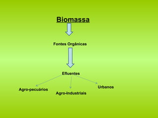 Biomassa Fontes Orgânicas Efluentes Agro-pecuários Agro-Industriais Urbanos 