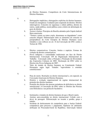 MINISTÉRIO PÚBLICO FEDERAL
RESOLUÇÃO CSMPF Nº 154
de Direitos Humanos. Competência da Corte Interamericana de
Direitos Humanos.
6.
a. Derrogações implícitas e derrogações explícitas de direitos humanos.
Estado de emergência. Condições para suspensão de direitos. Direitos
inderrogáveis. Conceitos de segurança e ordem pública, direitos de
outros, saúde pública, moral pública como critério de delimitação do
gozo de direitos.
b. Acesso à Justiça. Princípios de Brasília adotados pela Cúpula Judicial
Ibero-americana.
c. “Tortura e penas ou tratos cruéis, desumanas ou degradantes” como
conceito integral. Diferenciação entre os elementos do conceito na
jurisprudência da Corte Europeia de Direitos Humanos (caso
irlandês) e seus reflexos no art. 16 da Convenção da ONU contra a
Tortura de 1984.
7.
a. Direitos comunicativos. Conceito, limites e espécies. Formas de
violação de direitos comunicativos.
b. Povos indígenas e comunidades tradicionais em face do Direito
Internacional. Convenção 169 da Organização Internacional do
Trabalho. Convenção sobre a Proteção e Promoção da Diversidade
das Expressões Culturais de 2005. Declaração da ONU sobre os
Direitos dos Povos Indígenas de 2007.
c. Valor do tratado de direitos humanos na Constituição Federal.
Hierarquia supra legal. Tratados “equivalentes a emendas
constitucionais.”
8.
a. Pena de morte. Restrições no direito internacional e, em especial, na
Convenção Americana de Direitos Humanos.
b. História e evolução organizacional do regime internacional de
proteção dos direitos humanos.
c. Proteção dos direitos das pessoas portadoras de deficiência no direito
internacional. A Convenção da ONU sobre os Direitos das Pessoas
com Deficiência e seu protocolo facultativo.
9.
a. Instituições e tratados de direitos humanos de que o Brasil é parte.
b. Anistias auto-concedidas no direito internacional. Colisão com o
dever de perseguir. Diferenciação no tocante a perdão, graça e
indulto.
c. Incidente de deslocamento de competência para a Justiça Federal:
competência para processo e julgamento, hipóteses de cabimento
atribuição do Procurador-Geral da República. Intervenção federal
32
 