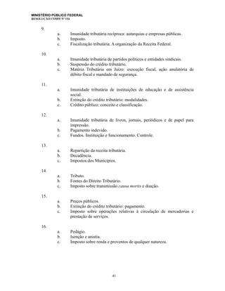 MINISTÉRIO PÚBLICO FEDERAL
RESOLUÇÃO CSMPF Nº 154
9.
a. Imunidade tributária recíproca: autarquias e empresas públicas.
b. Imposto.
c. Fiscalização tributária. A organização da Receita Federal.
10.
a. Imunidade tributária de partidos políticos e entidades sindicais.
b. Suspensão do crédito tributário.
c. Matéria Tributária em Juízo: execução fiscal, ação anulatória de
débito fiscal e mandado de segurança.
11.
a. Imunidade tributária de instituições de educação e de assistência
social.
b. Extinção do crédito tributário: modalidades.
c. Crédito público: conceito e classificação.
12.
a. Imunidade tributária de livros, jornais, periódicos e de papel para
impressão.
b. Pagamento indevido.
c. Fundos. Instituição e funcionamento. Controle.
13.
a. Repartição da receita tributária.
b. Decadência.
c. Impostos dos Municípios.
14.
a. Tributo.
b. Fontes do Direito Tributário.
c. Imposto sobre transmissão causa mortis e doação.
15.
a. Preços públicos.
b. Extinção do crédito tributário: pagamento.
c. Imposto sobre operações relativas à circulação de mercadorias e
prestação de serviços.
16.
a. Pedágio.
b. Isenção e anistia.
c. Imposto sobre renda e proventos de qualquer natureza.
41
 