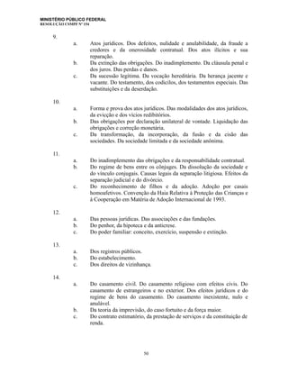 MINISTÉRIO PÚBLICO FEDERAL
RESOLUÇÃO CSMPF Nº 154
9.
a. Atos jurídicos. Dos defeitos, nulidade e anulabilidade, da fraude a
credores e da onerosidade contratual. Dos atos ilícitos e sua
reparação.
b. Da extinção das obrigações. Do inadimplemento. Da cláusula penal e
dos juros. Das perdas e danos.
c. Da sucessão legítima. Da vocação hereditária. Da herança jacente e
vacante. Do testamento, dos codicilos, dos testamentos especiais. Das
substituições e da deserdação.
10.
a. Forma e prova dos atos jurídicos. Das modalidades dos atos jurídicos,
da evicção e dos vícios redibitórios.
b. Das obrigações por declaração unilateral de vontade. Liquidação das
obrigações e correção monetária.
c. Da transformação, da incorporação, da fusão e da cisão das
sociedades. Da sociedade limitada e da sociedade anônima.
11.
a. Do inadimplemento das obrigações e da responsabilidade contratual.
b. Do regime de bens entre os cônjuges. Da dissolução da sociedade e
do vínculo conjugais. Causas legais da separação litigiosa. Efeitos da
separação judicial e do divórcio.
c. Do reconhecimento de filhos e da adoção. Adoção por casais
homoafetivos. Convenção da Haia Relativa à Proteção das Crianças e
à Cooperação em Matéria de Adoção Internacional de 1993.
12.
a. Das pessoas jurídicas. Das associações e das fundações.
b. Do penhor, da hipoteca e da anticrese.
c. Do poder familiar: conceito, exercício, suspensão e extinção.
13.
a. Dos registros públicos.
b. Do estabelecimento.
c. Dos direitos de vizinhança.
14.
a. Do casamento civil. Do casamento religioso com efeitos civis. Do
casamento de estrangeiros e no exterior. Dos efeitos jurídicos e do
regime de bens do casamento. Do casamento inexistente, nulo e
anulável.
b. Da teoria da imprevisão, do caso fortuito e da força maior.
c. Do contrato estimatório, da prestação de serviços e da constituição de
renda.
50
 