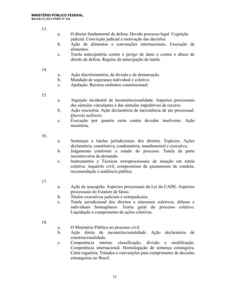 MINISTÉRIO PÚBLICO FEDERAL
RESOLUÇÃO CSMPF Nº 154
13.
a. O direito fundamental de defesa. Devido processo legal. Cognição
judicial. Convicção judicial e motivação das decisões.
b. Ação de alimentos e convenções internacionais. Execução de
alimentos.
c. Tutela antecipatória contra o perigo de dano e contra o abuso de
direito de defesa. Regime da antecipação de tutela.
14.
a. Ação discriminatória, de divisão e de demarcação.
b. Mandado de segurança individual e coletivo.
c. Apelação. Recurso ordinário constitucional.
15.
a. Arguição incidental de inconstitucionalidade. Aspectos processuais
das súmulas vinculantes e das súmulas impeditivas de recurso.
b. Ação rescisória. Ação declaratória de inexistência de ato processual.
Querela nullitatis.
c. Execução por quantia certa contra devedor insolvente. Ação
monitória.
16.
a. Sentenças e tutelas jurisdicionais dos direitos. Espécies. Ações
declaratória, constitutiva, condenatória, mandamental e executiva.
b. Julgamento conforme o estado do processo. Tutela da parte
incontroversa da demanda.
c. Instrumentos e Técnicas extraprocessuais de atuação em tutela
coletiva: inquérito civil, compromisso de ajustamento de conduta,
recomendação e audiência pública.
17.
a. Ação de usucapião. Aspectos processuais da Lei do CADE. Aspectos
processuais do Estatuto de Idoso.
b. Títulos executivos judiciais e extrajudiciais.
c. Tutela jurisdicional dos direitos e interesses coletivos, difusos e
individuais homogêneos. Teoria geral do processo coletivo.
Liquidação e cumprimento de ações coletivas.
18.
a. O Ministério Público no processo civil.
b. Ação direta de inconstitucionalidade. Ação declaratória de
constitucionalidade.
c. Competência interna: classificação, divisão e modificação.
Competência internacional. Homologação de sentença estrangeira.
Carta rogatória. Tratados e convenções para cumprimento de decisões
estrangeiras no Brasil.
53
 