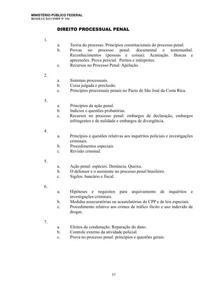 MINISTÉRIO PÚBLICO FEDERAL
RESOLUÇÃO CSMPF Nº 154
DIREITO PROCESSUAL PENAL
1.
a. Teoria do processo. Princípios constitucionais do processo penal.
b. Provas no processo penal: documental e testemunhal.
Reconhecimentos (pessoas e coisas). Acareação. Buscas e
apreensões. Prova pericial. Peritos e intérpretes.
c. Recursos no Processo Penal: Apelação.
2.
a. Sistemas processuais.
b. Coisa julgada e preclusão.
c. Princípios processuais penais no Pacto de São José da Costa Rica.
3.
a. Princípios da ação penal.
b. Indícios e questões probatórias.
c. Recursos no processo penal: embargos de declaração, embargos
infringentes e de nulidade e embargos de divergência.
4.
a. Princípios e questões relativas aos inquéritos policiais e investigações
criminais.
b. Procedimentos especiais.
c. Revisão criminal.
5.
a. Ação penal: espécies. Denúncia. Queixa.
b. O defensor e o assistente no processo penal brasileiro.
c. Sigilos: bancário e fiscal.
6.
a. Hipóteses e requisitos para arquivamento de inquéritos e
investigações criminais.
b. Medidas assecuratórias ou acautelatórias do CPP e de leis especiais.
c. Procedimento relativo aos crimes de tráfico ilícito e uso indevido de
drogas.
7.
a. Efeitos da condenação. Reparação do dano.
b. Controle externo da atividade policial.
c. Prova no processo penal: princípios e questões gerais.
57
 