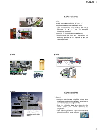 11/12/2015
2
• Leite:
– Deve chegar a agroindústria de 7°C a 5°C;
– Análise para verificar se o leite está ácido;
– Após o recebimento- pasteurizado a 72°C por 20
segundos ou a 75°C por 15 segundos
(pasteurização rápida);
– 65°C por 20 minutos (pasteurização lenta);
– Processamento em outro dia - leite deverá ser
estocado resfriado, à T°C máxima de 4°C, no
máximo 24 horas.
Matéria Prima
• Leite: • Leite
• Leite:
• Carnes:
– As carnes devem chegar embaladas (caixas, sacos
de plástico ou outro material) e em temperaturas
de resfriamento ou de congelamento;
– Uma vez utilizadas para processamento não
devem voltar para serem resfriadas ou
congeladas;
– Após o descongelamento, o processamento deve
ser realizado o mais rápido possível.
Matéria Prima
 