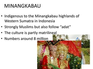 MINANGKABAU
• Indigenous to the Minangkabau highlands of
Western Sumatra in Indonesia
• Strongly Muslims but also follow “...