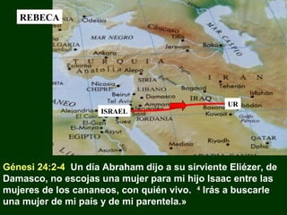 REBECA

ISRAEL

UR

Génesi 24:2-4 Un día Abraham dijo a su sirviente Eliézer, de
Damasco, no escojas una mujer para mi hijo Isaac entre las
mujeres de los cananeos, con quién vivo. 4 Irás a buscarle
una mujer de mi país y de mi parentela.»

 