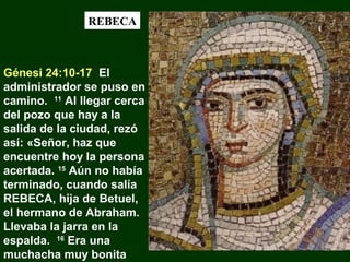 REBECA

Génesi 24:10-17 El
administrador se puso en
camino. 11 Al llegar cerca
del pozo que hay a la
salida de la ciudad, rezó
así: «Señor, haz que
encuentre hoy la persona
acertada. 15 Aún no había
terminado, cuando salía
REBECA, hija de Betuel,
el hermano de Abraham.
Llevaba la jarra en la
espalda. 16 Era una
muchacha muy bonita

 