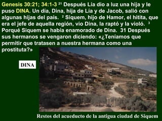 Genesis 30:21; 34:1-3 21 Después Lía dio a luz una hija y le
puso DINA. Un día, Dina, hija de Lía y de Jacob, salió con
algunas hijas del país. 2 Siquem, hijo de Hamor, el hitita, que
era el jefe de aquella región, vio Dina, la raptó y la violó. 3
Porqué Siquem se había enamorado de Dina. 31 Después
sus hermanos se vengaron diciendo: «¿Teníamos que
permitir que tratasen a nuestra hermana como una
prostituta?»
DINA

Restos del acueducto de la antigua ciudad de Siquem

 